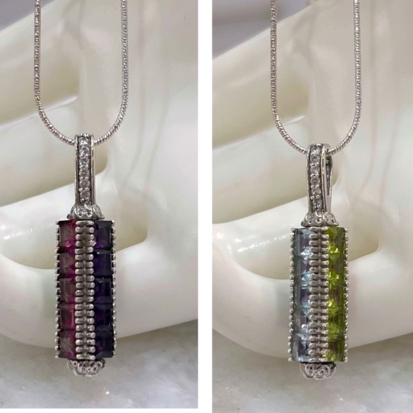 Multigemstone Spinner Sterling Silver Pendant Necklace